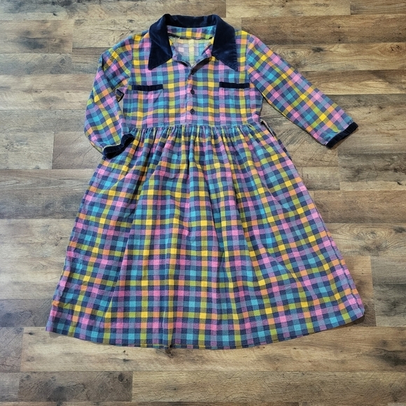 Handmade Dresses & Skirts - Vintage Handmade Womens Colorful Plaid Velvet Longsleeve Babydoll Dress Size M